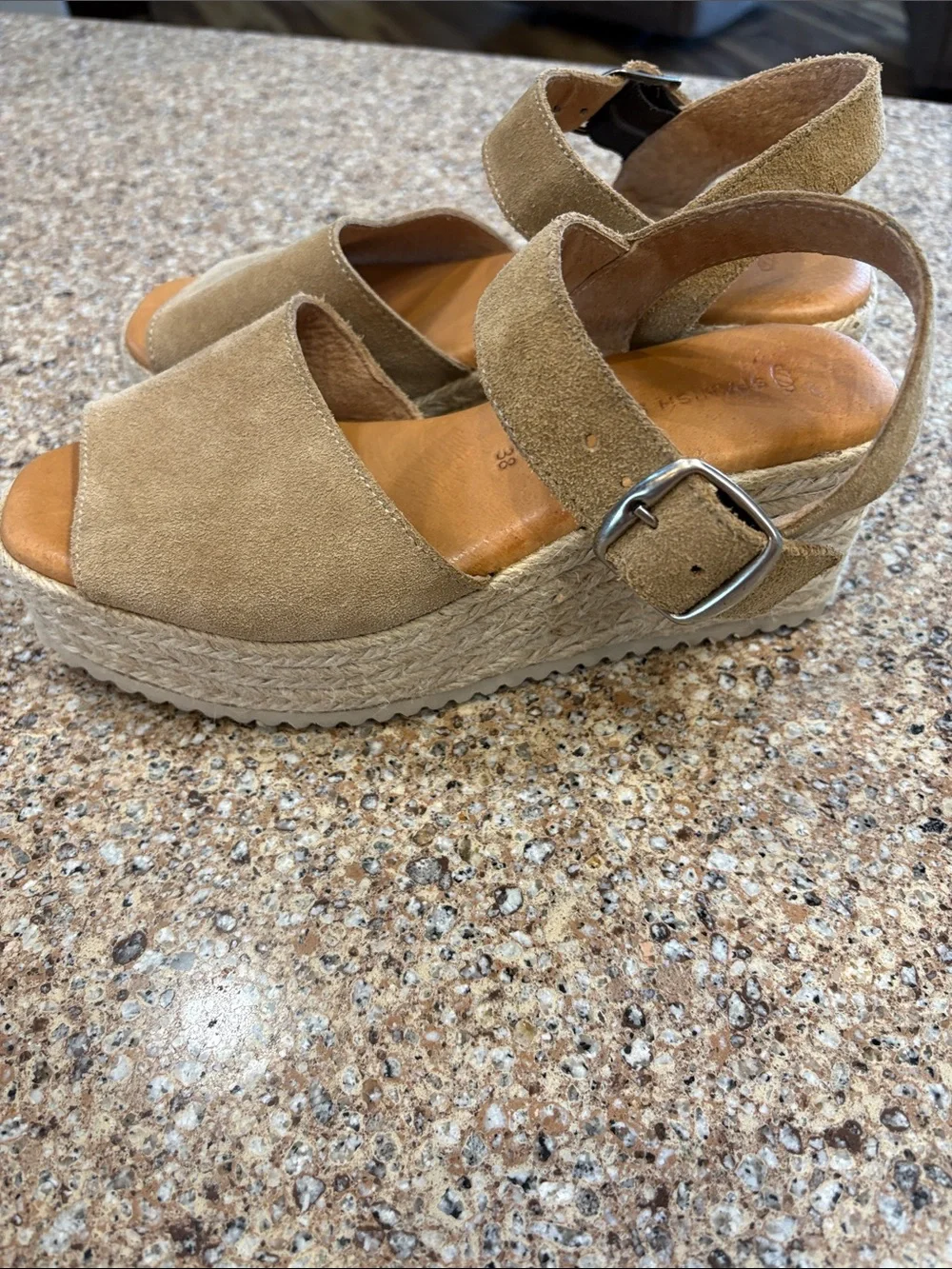 The Spanish Sandal Co. Beige Suede Platform Espadrille Sandals - Size 38 / US 7.